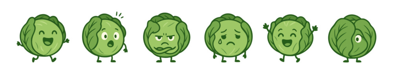 Variety of Cartoon Brussels Sprouts Expressing Different Emotions on White