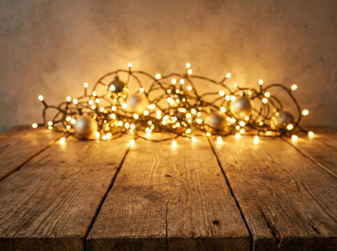 soft glowing fairy lights on aged wood evoke festive cozy charm for various occasions