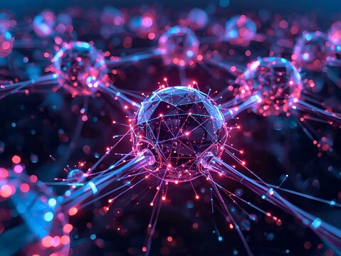 Stunning network of glowing nodes connecting in a vast digital space for advanced technology uses