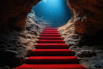 A dramatic red carpet path leads to a dark cave entrance illuminated with vibrant blue lighting.  Creates a sense of mystery and adventure.