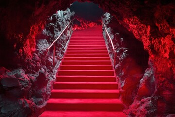 A dramatic red carpet staircase descends into a dimly lit cave, highlighted by glowing edges creating an ethereal and mysterious atmosphere. Perfect for themes of intrigue, magic, or the unknown.