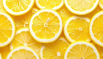 Close-up shot of many sliced, vibrant yellow citrus fruits with white rinds