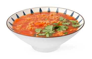 Tasty lentil soup in bowl isolated on white