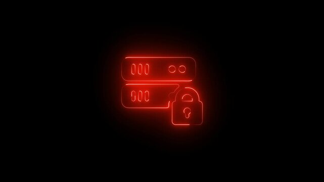 Looping orange neon animation of a secure server icon with a padlock symbolizing data protection, hosting security, and cybersecurity. Ideal for technology, or secure data infrastructure concepts