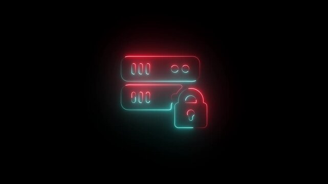 Neon Server security icon animation on black background. Data Protection Server icon concept.