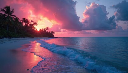 Tropical beach at sunset with pink orange sky and calm ocean waves. Palm trees line the shore under dramatic clouds. Peaceful seascape invites relaxation and travel escape.