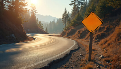 Yellow diamond warning sign on winding mountain road. Sunlit asphalt curve leads through pine forest. Cautionary alert for rough road ahead.