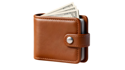 A brown leather wallet with a snap closure, containing dollar bills, isolated on a white background.