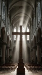 Large wooden cross stands solemnly inside an ancient church illuminated by divine light rays