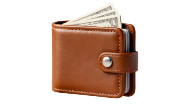 A brown leather wallet with a snap closure, containing dollar bills, isolated on a white background.