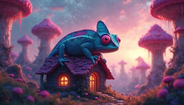 Blue chameleon with big pink eyes rests on tiny fairy house roof. Fantastical forest with giant pink mushrooms surrounds small dwelling. Magical landscape at sunset glows with soft light.