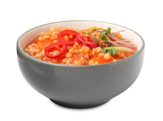 Delicious lentil soup with vegetables in bowl isolated on white