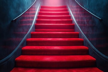 Fototapeta premium A dramatic staircase covered in vibrant red carpet ascends into shadow, suggesting an unknown destination or journey. Evokes a sense of mystery and anticipation.