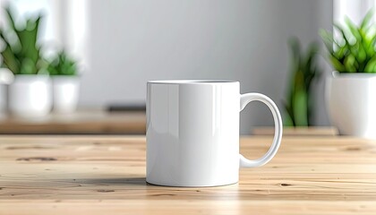 White coffee mug on a wooden table, plants in background, bright and clean