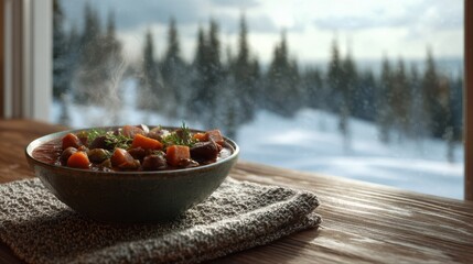 Hearty winter stew in a cozy setting with a snowy mountain view