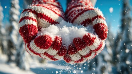 Hands in red and white mittens holding fresh snow with snowflakes falling in a winter forest