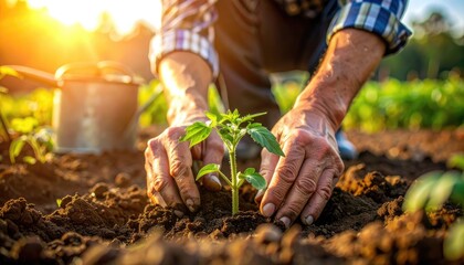 Gardener planting seedling in fertile soil, sunshine overhead. Close-up shot