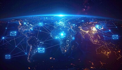 World map glowing with digital network, envelopes, & data connections at night