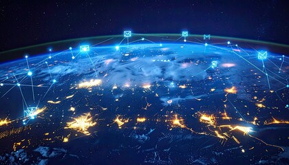 Earth with digital email network, glowing lines, communication, connectivity