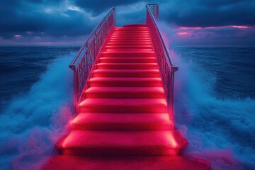 A striking red staircase descends towards the ocean, framed by a dark sky filled with vibrant pink clouds. Evokes a sense of mystery and dramatic beauty.