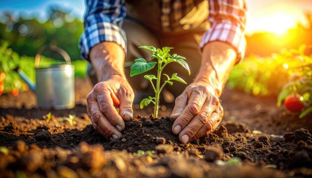 Gardener planting a seedling in soil under sunlight, with watering can