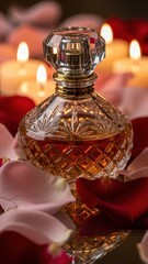 Luxurious perfume bottle with elegant crystal cap surrounded by romantic rose petals and soft candle glow