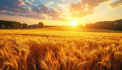 Golden wheat field bathed in warm sunlight, under a cloudy sunset sky