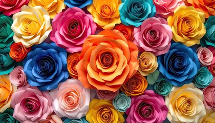 Colorful paper roses, overhead shot, vibrant petals, floral design
