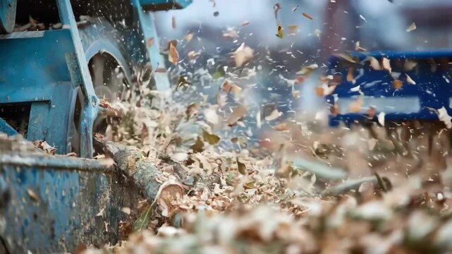 Medium shot capturing a wood grinder efficiently processing tree branches into fine mulch with rotating blades in an industrial setting