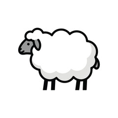 Smiling cartoon sheep illustration with fluffy white wool and black face on a simple farm motif.