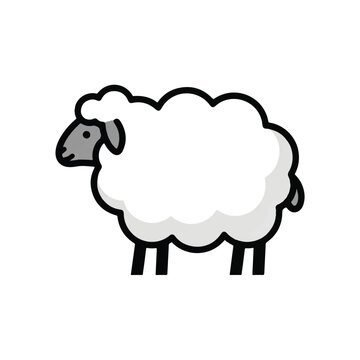 Smiling cartoon sheep illustration with fluffy white wool and black face on a simple farm motif.