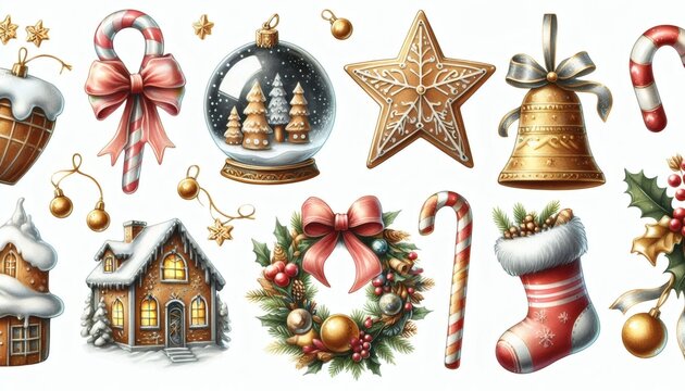 Detailed Watercolor Icon Set of Festive Christmas Decorations