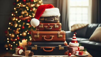 Stack of Suitcases Topped with Santa Hat Symbolizing the Excitement of Christmas Eve Travel