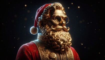 Portrait of a Golden Santa Claus Toy on Black Background with sparkles 