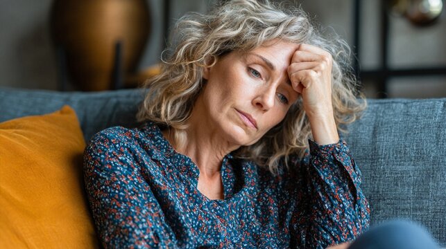 A contemplative woman with curly hair rests her hand on her forehead, expressing deep thoughts while seated comfortably on a sofa surrounded by warm decor.