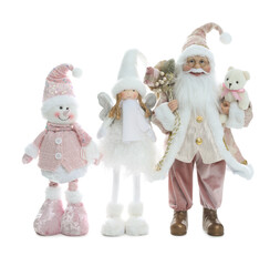 Cute figures of Santa Claus, snowman and fairy isolated on white. Merry Christmas and Happy New Year
