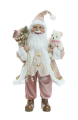 Cute Santa Claus figure with gifts and toy bear isolated on white. Merry Christmas and Happy New Year