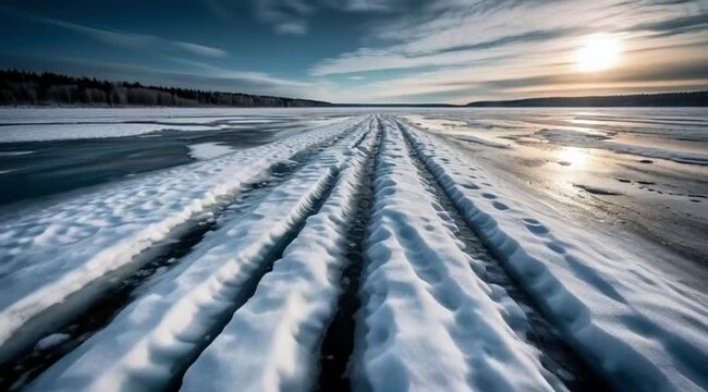 Frozen lake with snow-covered patterns under a winter sunset  