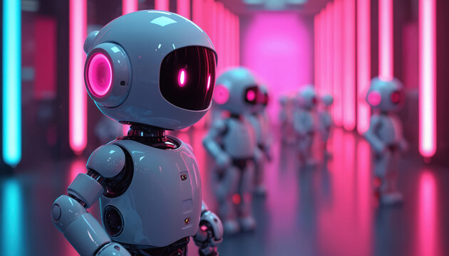 Several cute robots stand in a row in a futuristic hallway. They have pink glowing eyes and are illuminated by bright neon lights. The robots appear to be waiting for instructions or a new task.