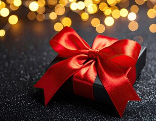 Black gift box with red satin bow, festive background with bokeh lights