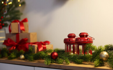 Christmas decor on cabinet indoors at night, closeup. Interior design