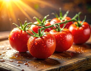Fresh tomatoes on vine, glistening with water droplets, on a wooden cutting board