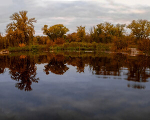 Golden autumn trees reflecting in the calm water of a quiet lake