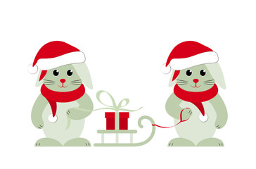 bunnies with caps and scarfs and sledge with gift isolated on white background
