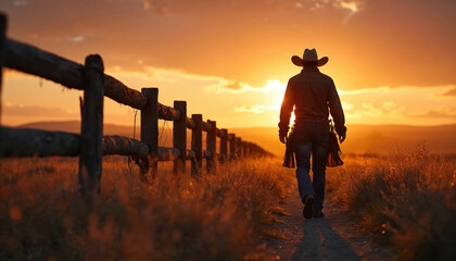 A cowboy walks along rural fence at sunset. Silhouette of man in hat walks on path. The landscape is bathed in golden light. Concept of journey adventure solitude freedom.