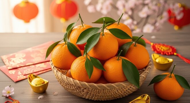 Fresh mandarin oranges in a wicker basket with red envelopes and gold ingots on a wooden table, celebrating Chinese New Year concept and good fortune - Powered by Adobe