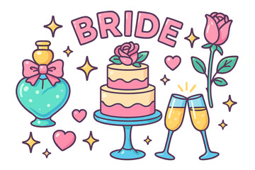 Celebration of a bride with decorations, cake, and champagne symbols for a joyful wedding event