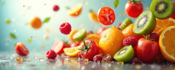Fresh fruits and vegetables fly in air against bright background. Oranges kiwi tomatoes raspberries create vibrant healthy food composition for cooking or salad. Water drops add refreshing feel.