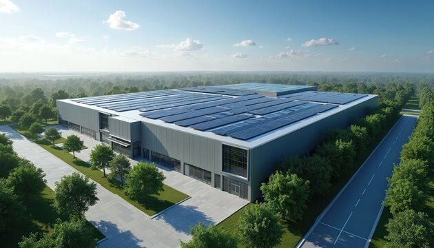 Modern data center building with solar panels on the roof surrounded by green trees and road. Large grey metal exterior with glass windows in eco friendly landscape.
