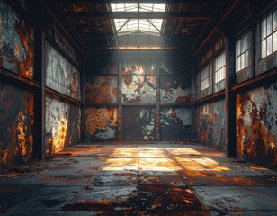 Dilapidated warehouse interior, sunlit, rusty walls